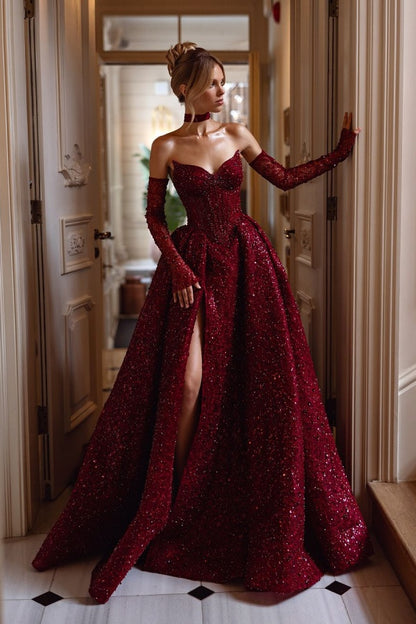 Luxurious Gorgeous Burgundy Split Beaded Prom Dress With Sleeves And Scarf ZT0207