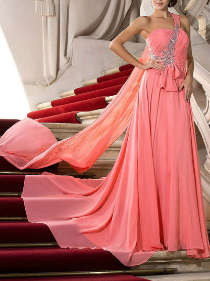 A-Line/Princess One Shoulder Court Train Evening Dresses with Crystals Draping