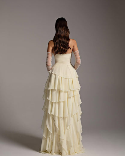 Chiffon Strapless Ruffles Elegant Prom Dress With Tulle Gloves ZT0612