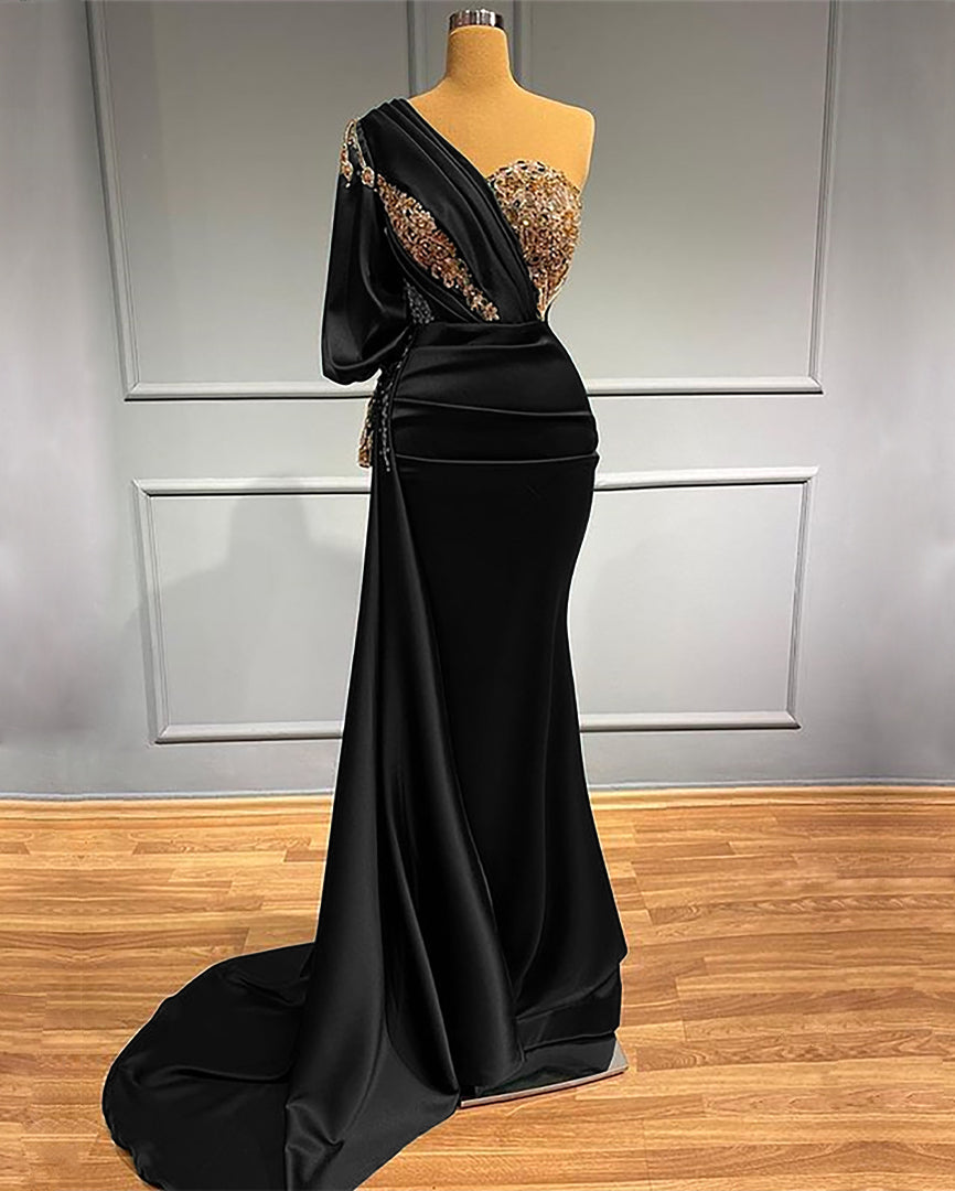 Dark Green One-Shoulder Mermaid Beads Prom Dress With Appliques ED0082