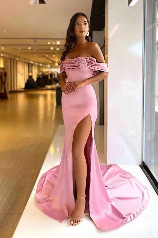 Pink Purple Off-The-Shoulder Beads Mermaid Prom Dress Long Split ED0106