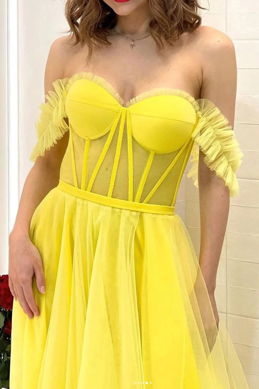 Lexie | A Line Off the Shoulder Yellow Corset Prom Dress