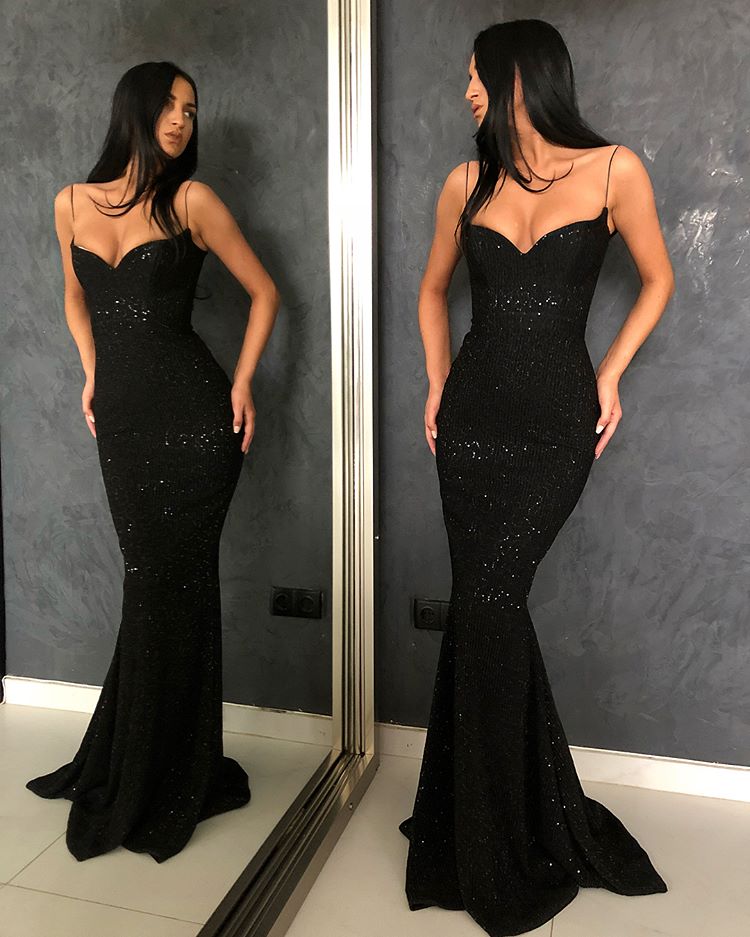 Elegant Black Spaghetti-Straps Mermaid Prom Dress With Sequins ED0485