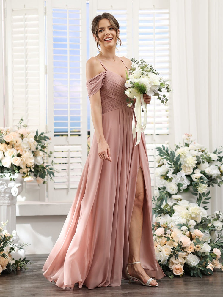 A-Line/Princess V-Neck Spaghetti Straps Floor-Length Chiffon Bridesmaid Dresses with Split Side