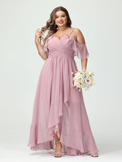 A-Line/Princess/Princess Spaghetti Straps V-Neck Short Sleeves Chiffon Asymmetrical Plus Size Bridesmaid Dresses with Ruffles