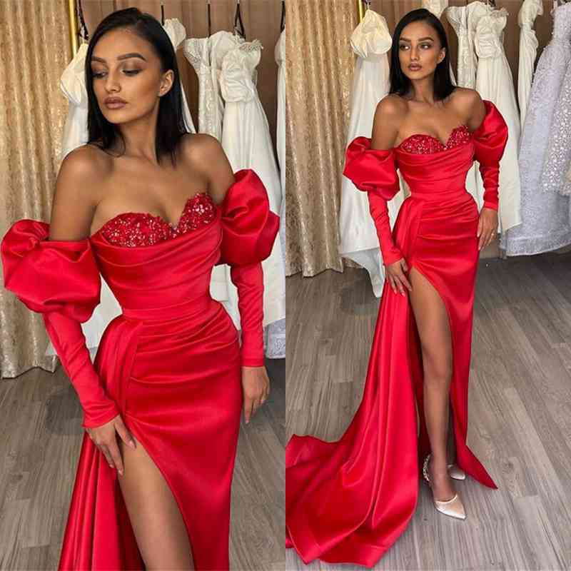 Gorgeous Red evening dress prom dress Off-the-shoulder Half-sleeves Bubble Sleeves with Sequins Slit