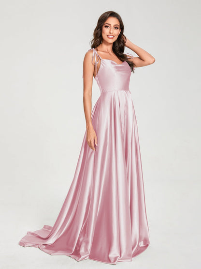 A-Line/Princess Spaghetti Straps Sleeveless Floor-Length Bridemaid Dresses with Split Side