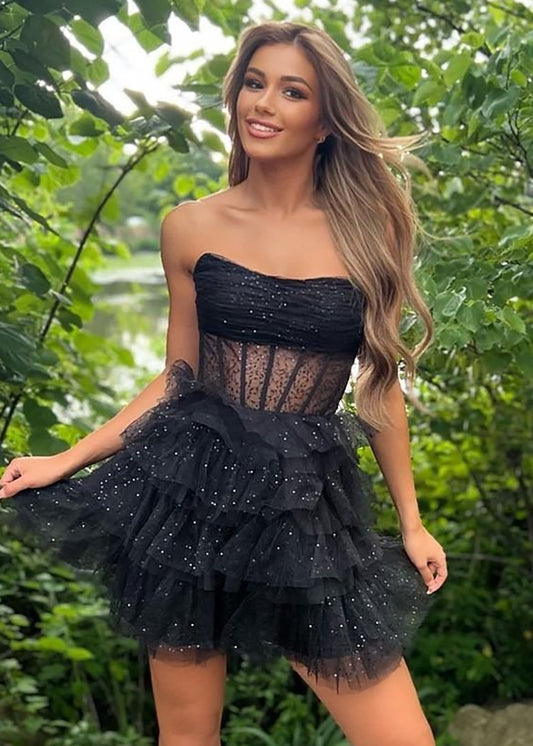 Evita| Black Sparkly Strapless Multi-Layers Tulle Homecoming Dress