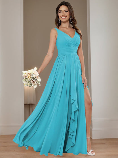 A Line/Princess Chiffon V Neck Sleeveless Floor-Length Bridesmaid Dresses