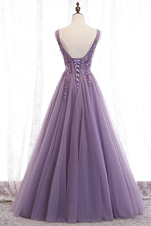 Edgynewlook Purple Applique Long A-line Prom Dress With V-Neck Open Back