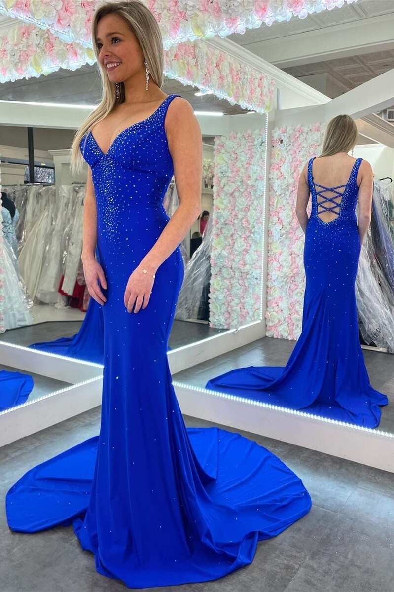 Elle |Mermaid V-Neck Beaded Satin Prom Dress with Cross Back