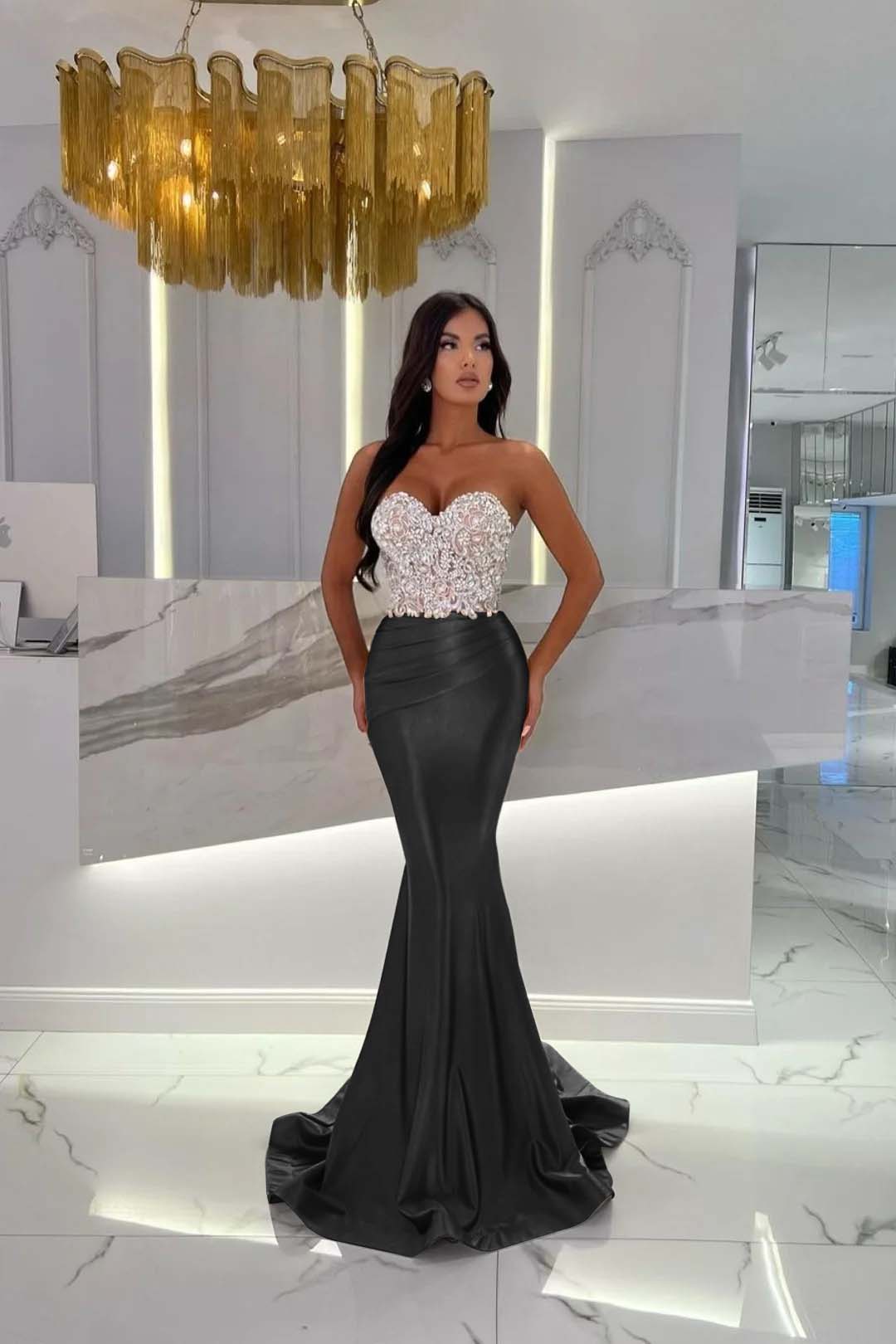 Prom Dress Satin Gold Sweetheart Sleeveless StraplessWith Rhinstone Mermaid YL0278