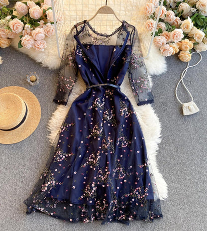 Blue lace short A line dress fashion girl dress  797