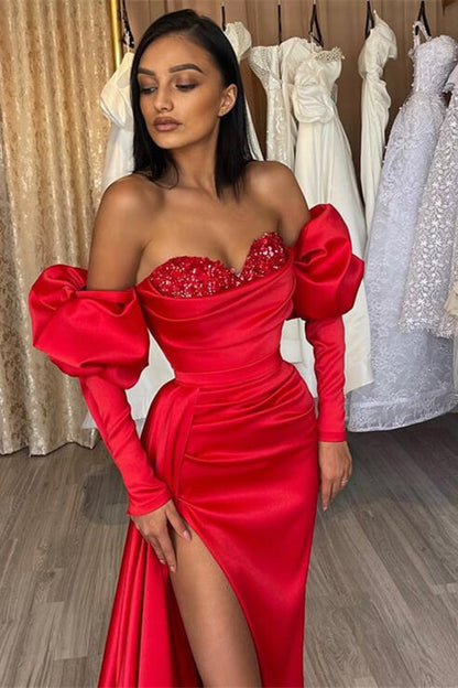 Gorgeous Red evening dress prom dress Off-the-shoulder Half-sleeves Bubble Sleeves with Sequins Slit