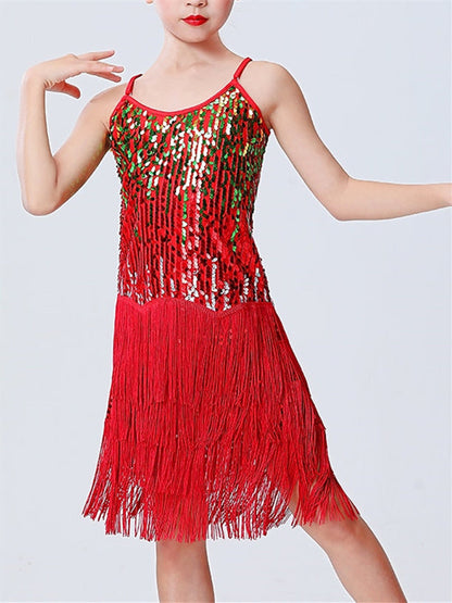 Kids‘ Dancewear Dress Fringed Tassel Pure Color Sleeveless Girls‘ Performance Polyester Sequined