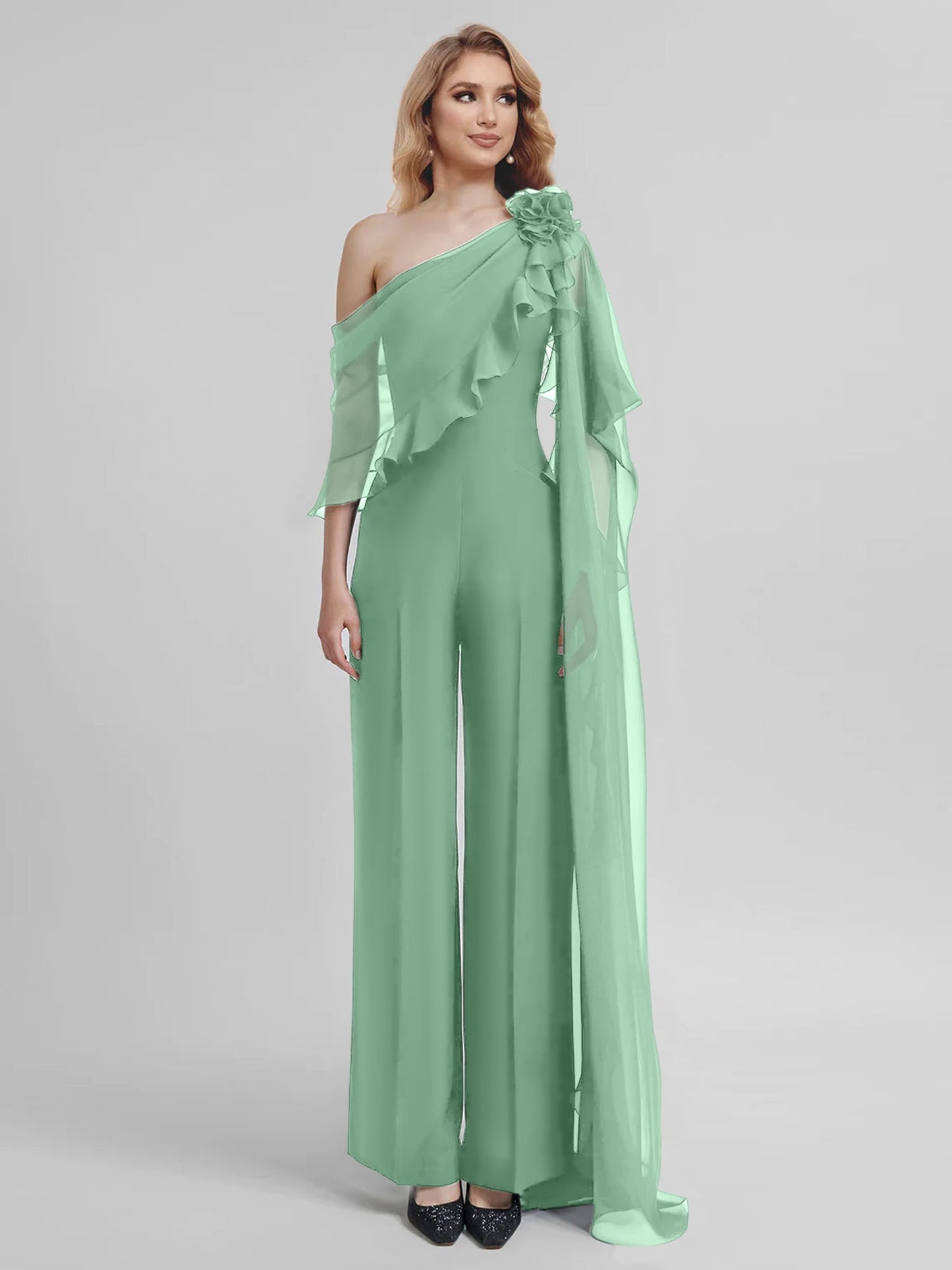 Jumpsuits One-Shoulder Half Sleeves Chiffon Mother Of The Bride Pantsuits