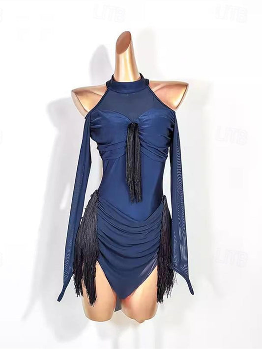 Latin Dance Dress Tassel Splicing Women's Performance Training Long Sleeve Polyester Mesh Spandex