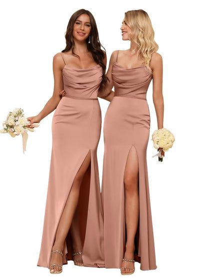 Sheath/Column Spaghetti Straps  Sleeveless Floor Length Bridesmaid Dresses  Satin with Ruffles Split