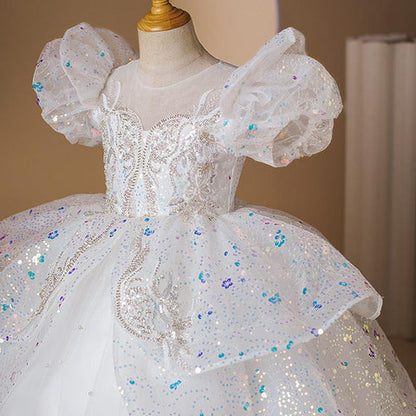 Ball Gown Short Sleeves Beaded Princess Girl Party Dress with Rhinestone Appliques