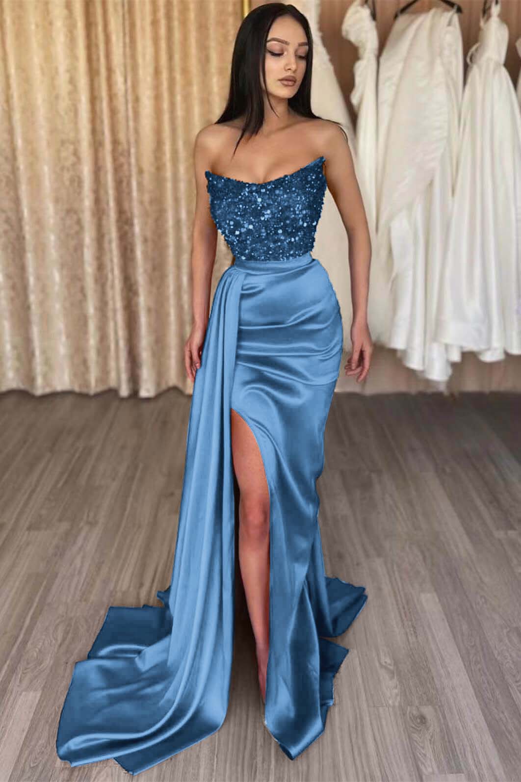 Red Strapless Elegant Long Prom Dress Sequins Mermaid Split ED0102