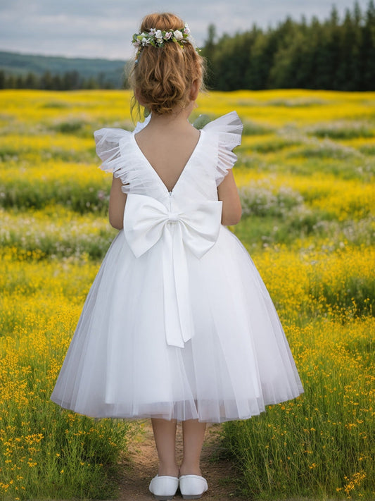 A-line Satin Tulle Knee-length Flower Girl Dress