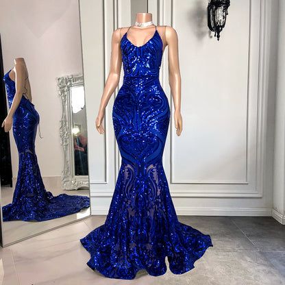 Royal Blue Spaghetti-Straps Mermaid Long Prom Dress With Sequins  PD0684