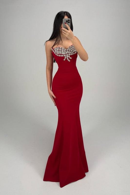 Red Beaded Strapless Mermaid Gorgeous Prom Dress ZT0318