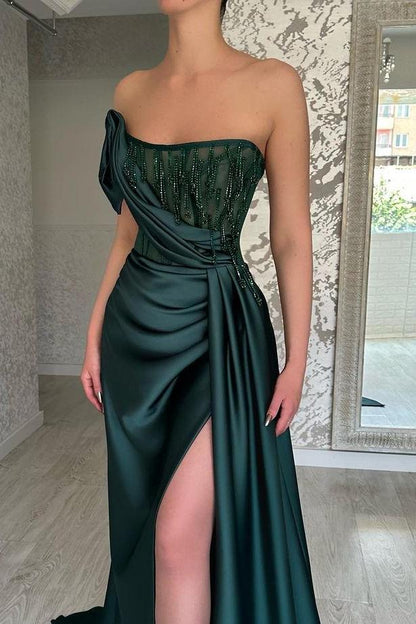 edgynewlook Stunning Satin Dark Green Sleeveless Strapless Pleated Split Prom Dress with Beadings