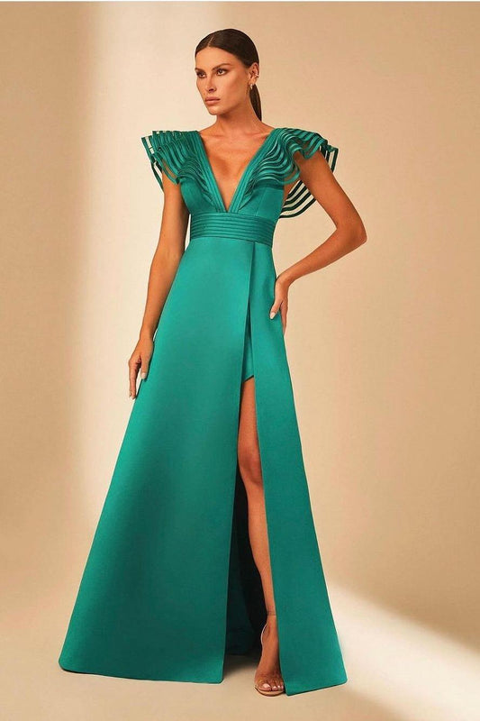 edgynewlook Charming Satin Spaghetti Strap Sleeveless V Neck Long Prom Dress with Split