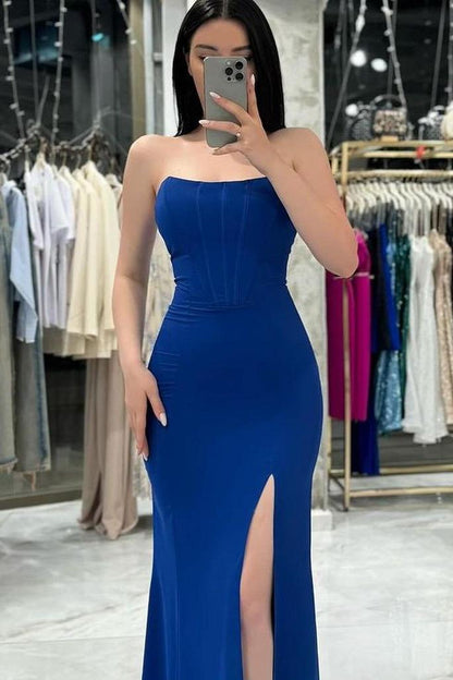 edgynewlook Simple Royal Blue Satin Strapless Sleeveless Long Prom Dress with High Split