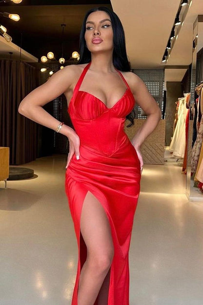 edgynewlook Simple Red Satin Sleeveless Halter V Neck Long Split Prom Dress with Pleated