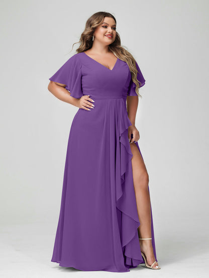 A-Line/Princess V-Neck Half Sleeves Chiffon Plus Size Bridesmaid Dresses with Split Side & Ruffles