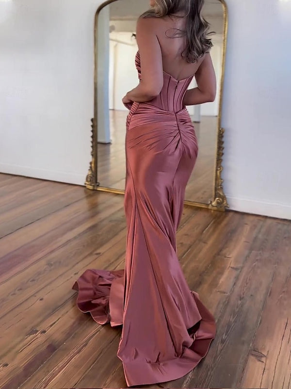 A-Line/Princess Strapless Sleeveless Floor-Length Slit Ruched Evening Dresses