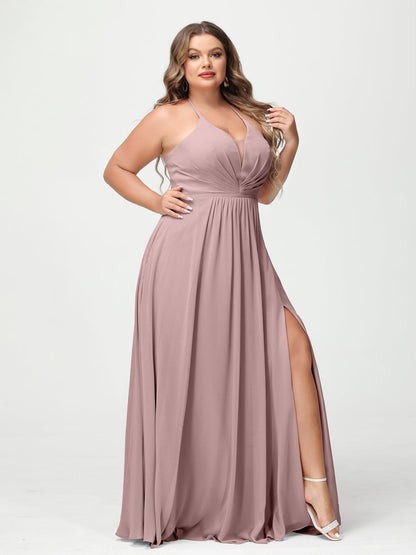 A-Line/Princess Halter Sleeveless Floor-Length Plus Size Bridesmaid Dresses with Pockets & Split Side