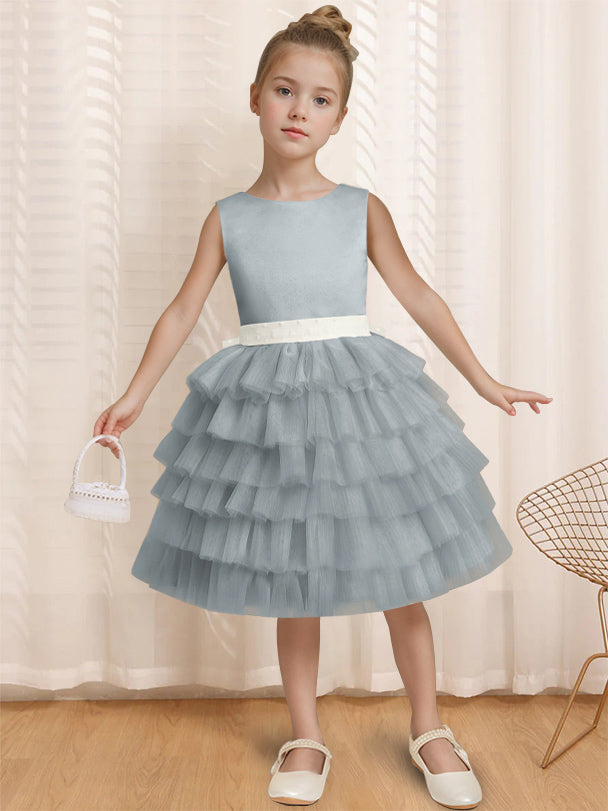 Ball-Gown Round Neck Sleeveless Knee-Length Flower Girl Dress with Ruffles & Bowknot