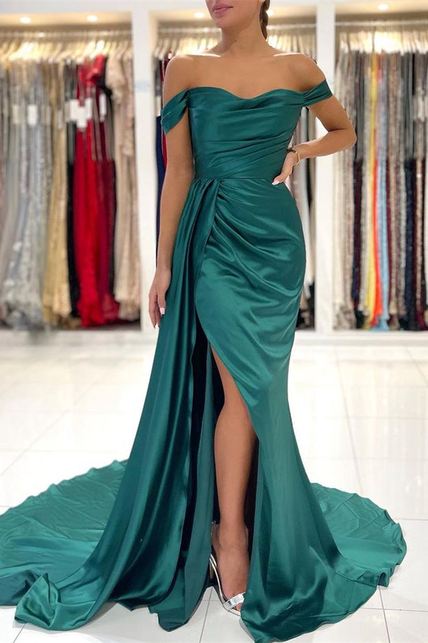 edgynewlook Mermaid Dark Green Off-the-Shoulder Prom Dress Split With Ruffles