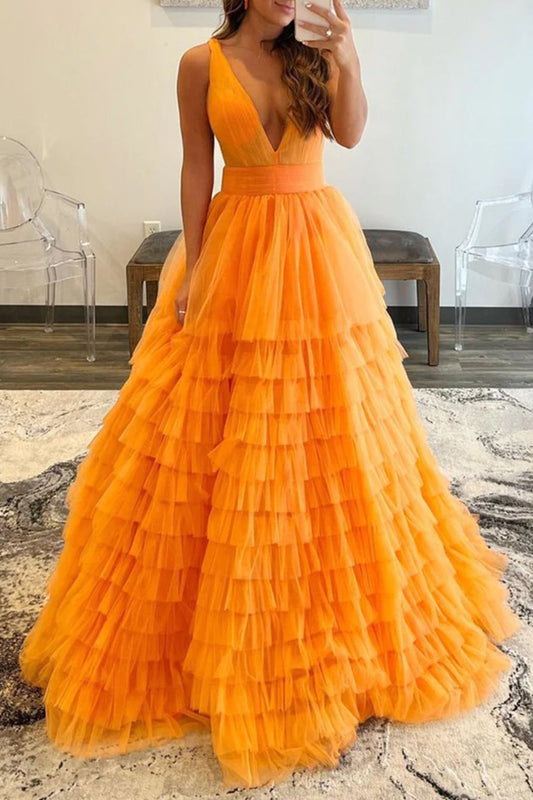 Reese |A-line Orange V-Neck Tulle Long Prom Dress