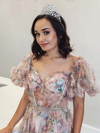 Sydney |A Line Off The Shoulder Floral Tulle Prom Dress