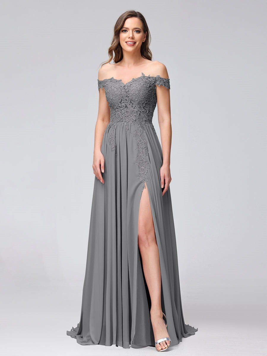 A-Line/Princess Off-the-Shoulder Sleeveless Long Bridesmaid Dresses with Side Slit & Appliqued