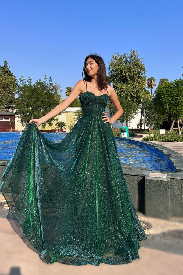 Fashion Green Spaghetti Strap Shine Prom Dress Long A Line Dress YB0059