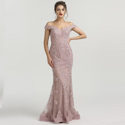 Okdais Elegant Dusty Pink Sequin Appliques Prom Dress Mermaid V Neck With Beaads LM0036