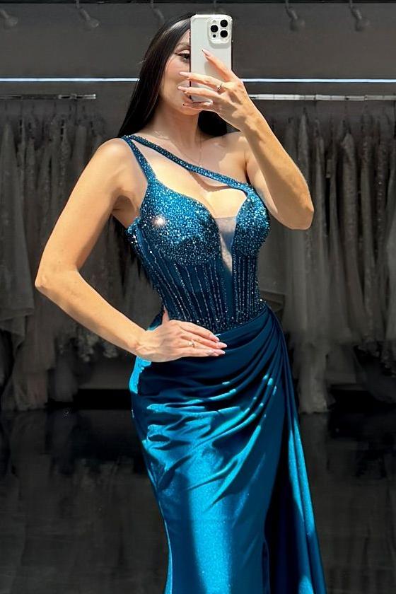 edgynewlook Glamorous Satin One Shoulder Sleeveless Long Pleated Prom Dress with Sequins