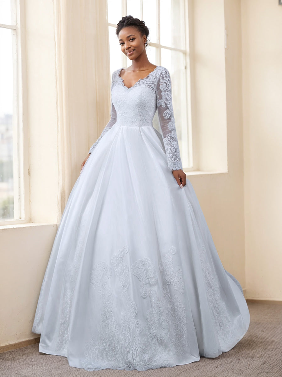 Ball Gown White V-Neck Long Sleeves Wedding Dresses with Appliques