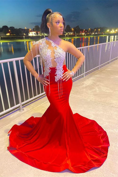 edgynewlook White And Red Sleeveless Mermaid Prom Dress Trumpet With Tassel Appliques