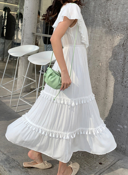 White v neck fringed dress fashion girl dress  1212