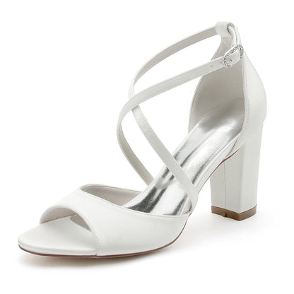 Women's Wedding Shoes Crossed Strappy Chunky Peep Toe Buckle Minimalist Bridal Shoes