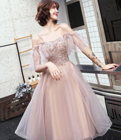 Pink tulle lace short prom dress homecoming dress  8851