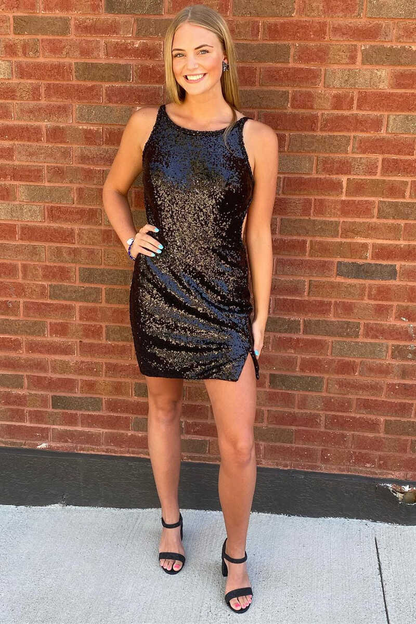 Black Sequin Crew Neck Butterfly Back Mini Cocktail Dress gh1350