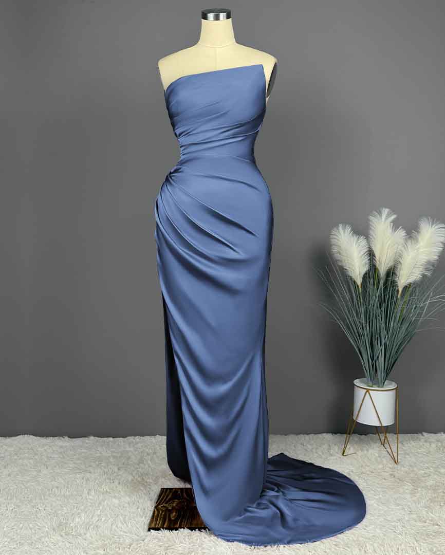 Okdais Prom Dress Simple Blue Sleeveless Charmeuse With High Slit PLeated X0002