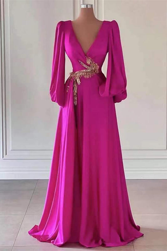 Fuchsia Long Sleeves A-Line Dark V-Neck Prom Dress With Embellishment ED0201